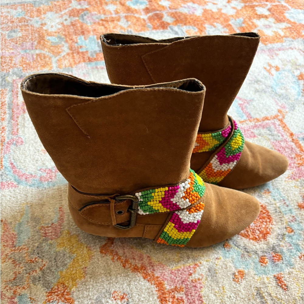Lovely People light brown suede Azteca bootie with multi-color beadwork